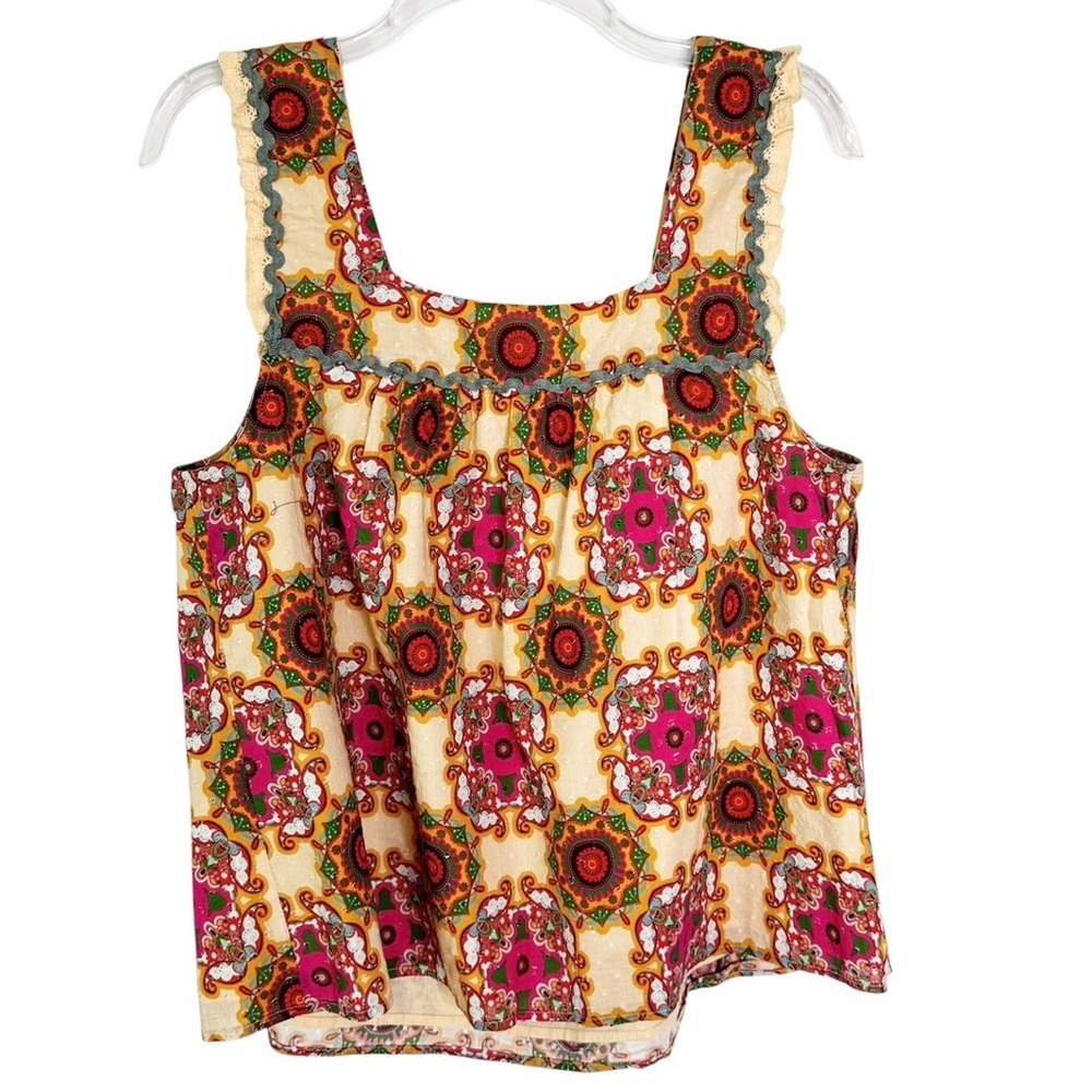 Anthropologie Let Me Be Cotton Abstract Ruffled Tank Top Size 8 - Picture 6 of 11